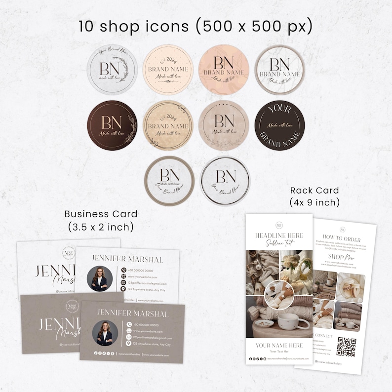 Puede incluir: Un conjunto de elementos de marca, que incluye diez iconos de tienda, tarjetas de visita (8,9 x 5,1 cm) y tarjetas de mostrador (10,2 x 22,9 cm). Los iconos muestran "BN" y "Brand Name". Las tarjetas de visita muestran el nombre "Jennifer Marshal". Las tarjetas de mostrador tienen el texto "Headline Here" y "Your Name Here".