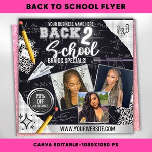 Back To School Flyer, Back to school sale flyer, Back to school hair flyer, DIY canva template, Back 2 School Flyer, Braid Special Flyer