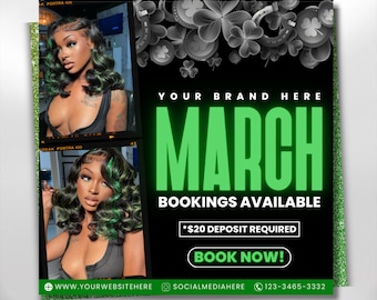 March Booking Flyer, March Flyer, March Books, St.Patricks Day Flyer, Book Now Flyer, March Madness Flyer, MUA Lashes Nails Hair March Flyer