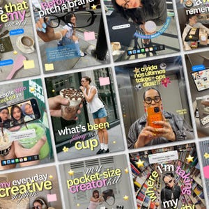 May include: A digital collage of social media posts featuring various lifestyle scenes, including a person holding a coffee cup, a person taking a mirror selfie in an elevator, and a person browsing a bookstore, all overlaid with text and icons.