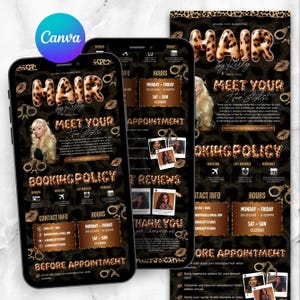May include: A digital booking page template for a hair stylist featuring a black and brown leopard print background. The design includes the text HAIR by Lelly, Meet Your Hair Stylist, Booking Policy, and Contact Info with gold accents and icons.