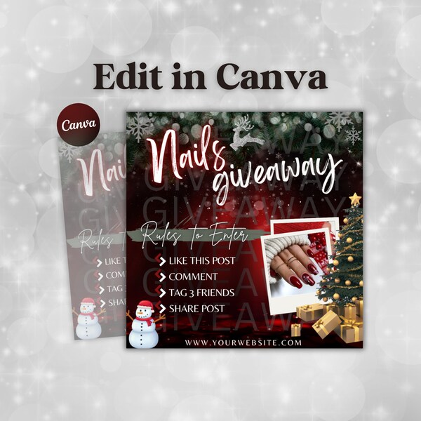 Christmas Giveaway Flyer, Nail Flyer Marketing, Beauty Flyer, Social Media Flyer, Editable Post, Holiday Nail Giveaway Flyer