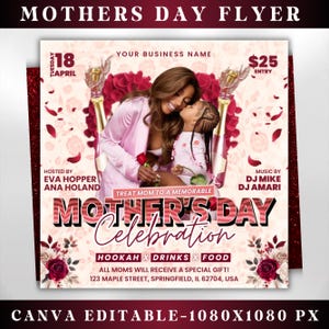 Può includere: Un volantino per una festa della mamma con un design floreale rosa e rosso. Il volantino presenta una foto di una madre e sua figlia, e il testo "Festa della mamma" in un carattere audace e colorato. L'evento è organizzato da Eva Hopper e Ana Holand, e presenta musica di DJ Mike e DJ Amari. L'evento si terrà martedì 18 aprile, e il biglietto d'ingresso costa € 25.