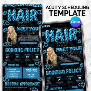 May include: A digital Acuity scheduling template for a hair stylist featuring a black background with blue leopard print accents. The design includes the text Hair by Kelly, a photo of a person with blonde hair, booking policies, and contact info.