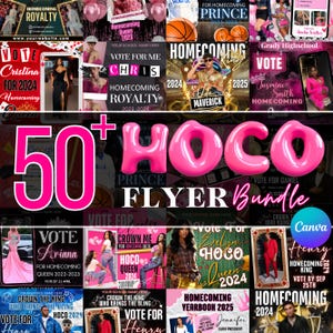 May include: A collection of over 50 Homecoming (HOCO) flyer templates. The flyers feature various designs with text such as "Homecoming Royalty," "Vote for Me," and "Homecoming Queen 2024." The color scheme is predominantly pink and black.