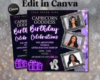 Capricorn Birthday Flyer, Birthday Girl, Happy Birthday Flyer, Capricorn Season, Capricorn Party, Celebration Flyer, Canva Template Editable