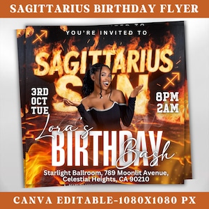 Sagittarius Birthday Flyer, Birthday Girl, Happy Birthday Flyer, Sagittarius Season, Sagittarius Party, Celebration Flyer, Canva Editable