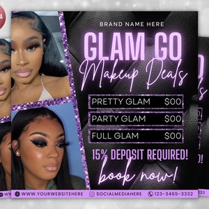 Editable Glam Go Makeup Special Deals Template, Custom Makeup Pricing Flyer, Beauty business Canva Template, Book Now Makeup Artist Flyers