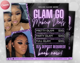 Editable Glam Go Makeup Special Deals Template, Custom Makeup Pricing Flyer, Beauty business Canva Template, Book Now Makeup Artist Flyers