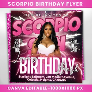 Scorpio Birthday Flyer, Birthday Girl, Happy Birthday Flyer, Scorpio Season, Scorpio Party Flyer, Celebration Flyer, Canva Editable