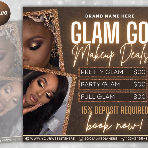 Editable Glam Go Makeup Special Deals Template, Custom Makeup Pricing Flyer, Beauty business Canva Template, Book Now Makeup Artist Flyers