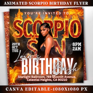 Animated Scorpio Birthday Flyer, Birthday Girl, Happy Birthday Flyer, Scorpio Season, Scorpio Party Flyer, Celebration Flyer, Canva Editable