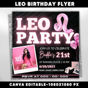 Leo Birthday Flyer, Birthday Template, Birthday Girl, Party Flyer, Celebration Flyer, Birthday Event, Birthday Invite, Canva Flyer Template
