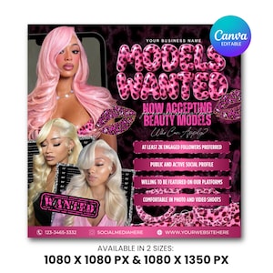 Può includere: Una pubblicità rosa e nera con il testo "MODELLI CERCASI" e "ORA ACCETTIAMO MODELLI DI BELLEZZA". L'immagine presenta tre donne con capelli biondi e rosa. L'annuncio include informazioni di contatto e social media.