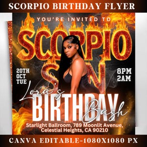 Scorpio Birthday Flyer, Birthday Girl, Happy Birthday Flyer, Scorpio Season, Scorpio Party Flyer, Celebration Flyer, Canva Editable