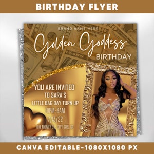 Birthday Flyer Template| DIY Golden Goddess Bday Social Media Instagram Invitation RSVP Boutique Hair Lash Nails Beauty Editable Canva Flyer