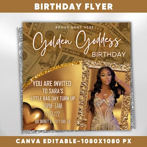 Birthday Flyer Template| DIY Golden Goddess Bday Social Media Instagram Invitation RSVP Boutique Hair Lash Nails Beauty Editable Canva Flyer