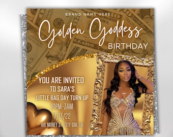 Birthday Flyer Template| DIY Golden Goddess Bday Social Media Instagram Invitation RSVP Boutique Hair Lash Nails Beauty Editable Canva Flyer