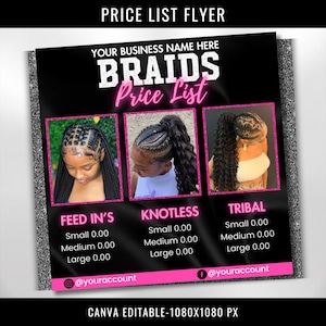 Braids Pricelist Flyer Template, Braids Beauty Salon Flyer, Braid Special Flyer, Hair Braids Flyer, Flyer Template, Canva Editable Template