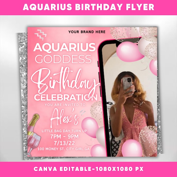 Aquarius Birthday Flyer, Pink Birthday Template, Birthday Girl, Party Flyer, Celebration Flyer, Birthday Event, Birthday Invite, Canva Flyer