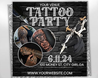 Tattoo Party Flyer, Animated Tattoo Party Invitation, Tattoo Artist, Tattoo Shop Flyer, Social Media Flyer, Canva Editable Template