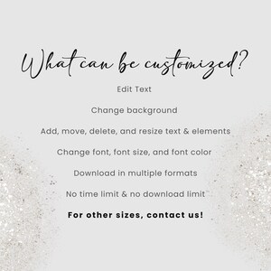 Puede incluir: Gr&aacute;fico gris claro con el texto "What can be customized?" en escritura elegante. La imagen enumera las opciones de personalizaci&oacute;n: editar texto, cambiar el fondo, redimensionar elementos, cambiar la fuente y descargar en m&uacute;ltiples formatos. Contacta para otras tallas.