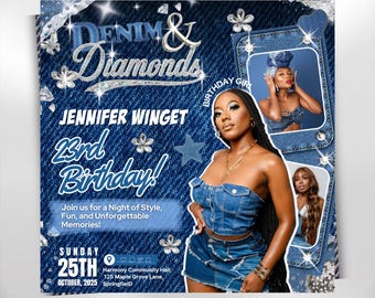 Denim and Diamonds Birthday Flyer | Editable Canva Template for Dinner Invites and Party Flyer | Elegant Blue Jean and Bling Digital Design