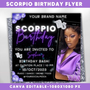 Scorpio Birthday Flyer, Scorpio Birthday Invitation, Birthday Flyer, Scorpio Bash Flyer, Scorpio Season, Birthday Flyer Template For Woman