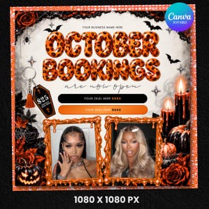 May include: A digital flyer template featuring the text OCTOBER BOOKINGS ARE NOW OPEN in leopard print bubble letters. The design includes a coffin keychain, two photo frames, black candles, pumpkins, and roses on a white background.