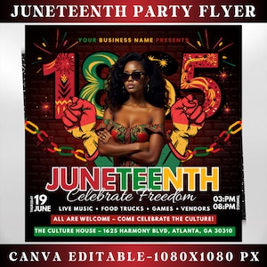 Könnte beinhalten: Ein Juneteenth-Party-Flyer mit einer Frau mit Sonnenbrille, der Zahl 1865 und dem Text "Juneteenth Celebrate Freedom". Der Flyer wirbt für Live-Musik, Food Trucks, Spiele und Verkäufer. Die Veranstaltung findet im The Culture House in Atlanta statt.