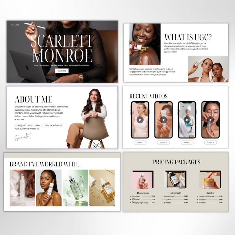 May include: A digital marketing presentation with the name "SCARLETT MONROE" in large text. The presentation includes sections on User-Generated Content, About Me, Recent Videos, Brands Worked With, and Pricing Packages. The color scheme is neutral with images.