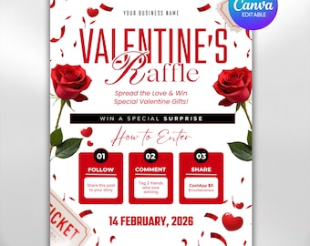 Raffle Flyer For Valentines Day, DIY Flyer Template Design, February Giveaway Flyer, Valentine's Raffle Ticket Flyer, Canva Editable Flyer