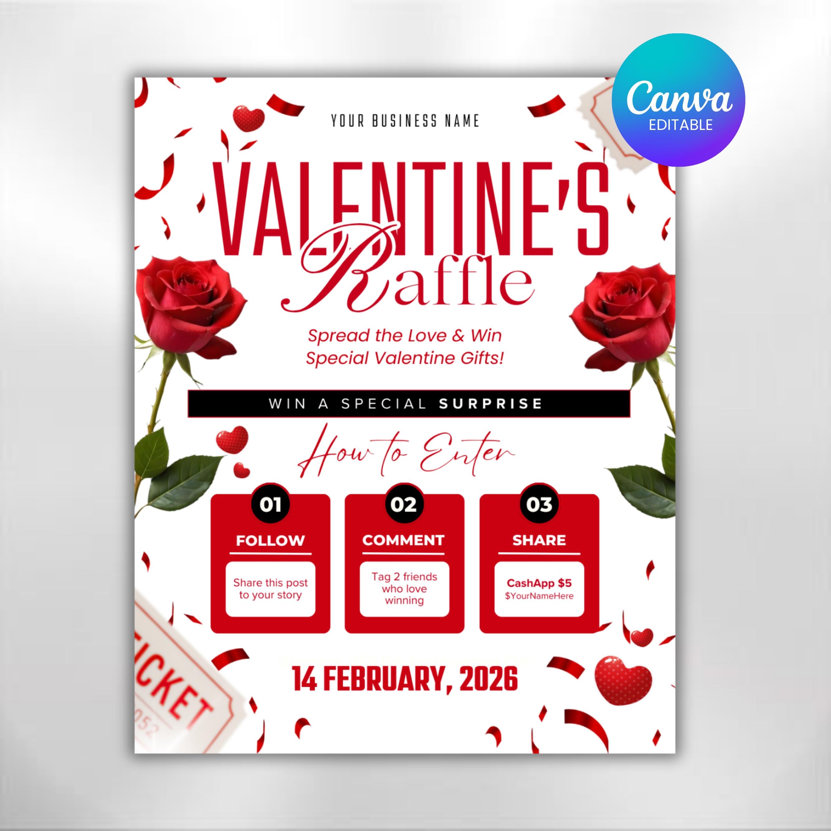 Valentine Raffle Creation Raffle Flyer for Valentines Day, DIY Flyer Template Design, February ...