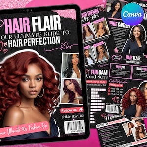 90s Magazine Template, 90s Style Magazine Template For Hair Lashes, Nails, MUA, Beautician, Braid, Boutique, Magazine Catalog Canva Template