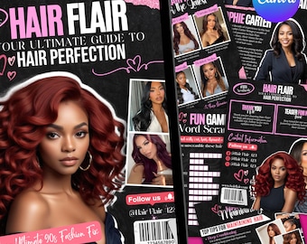 90s Magazine Template, 90s Style Magazine Template For Hair Lashes, Nails, MUA, Beautician, Braid, Boutique, Magazine Catalog Canva Template