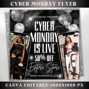 Puede incluir: Un folleto en blanco y negro con fondo de purpurina plateada. El folleto anuncia una venta de Cyber Monday con un 50% de descuento en toda la tienda. El texto "Cyber Monday is Live" está en letras blancas grandes. El folleto incluye una dirección de sitio web y el texto "Your Brand Presents".