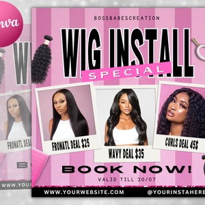 Wig Install Specials Flyer | DIY Hair Salon Appointment Book Now Sale Bundles Wigs Booking Salon Price List Editable Canva Flyer Template