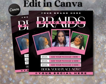 Braid Price List Template, Price Sheet, Pricelist Flyer, Pricing Guide Sheet, Pink and Black , Hair Pricing Flyer, Canva Editable