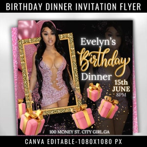 Editable Dinner Birthday Invitation Canva Template, Birthday Party, Birthday Dinner, Girl Birthday Party, Editable Birthday Flyer
