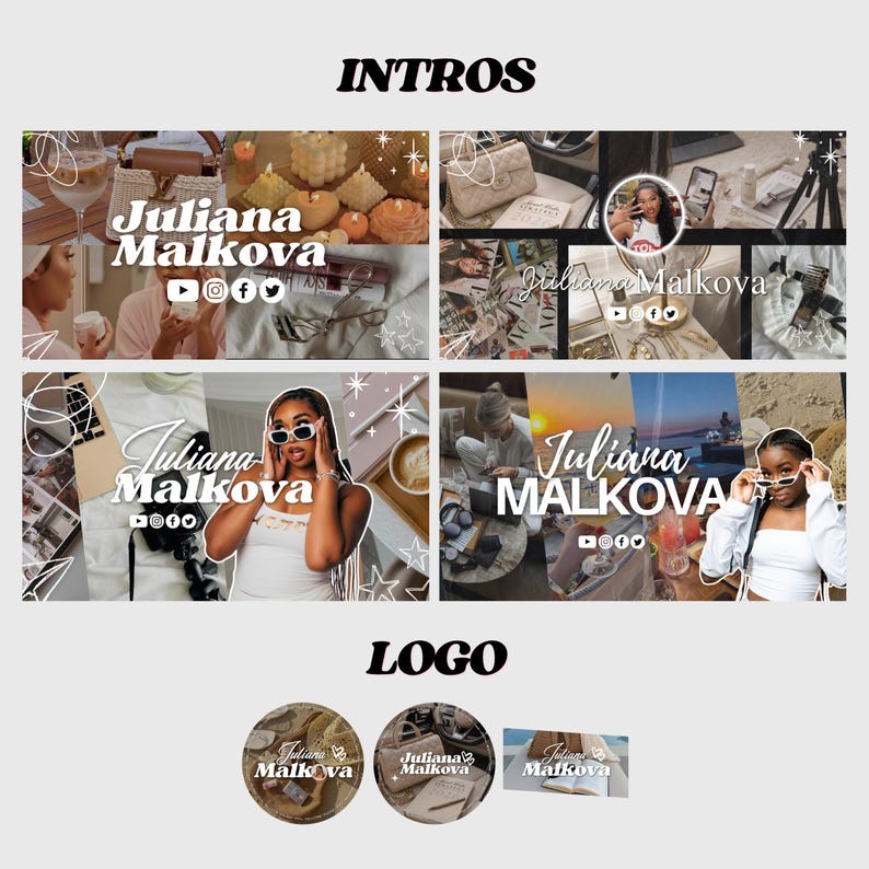 May include: A collage featuring the name "Juliana Malkova" in various stylized fonts, along with social media icons. The image includes multiple lifestyle scenes, logos, and the word "INTROS" and "LOGO".