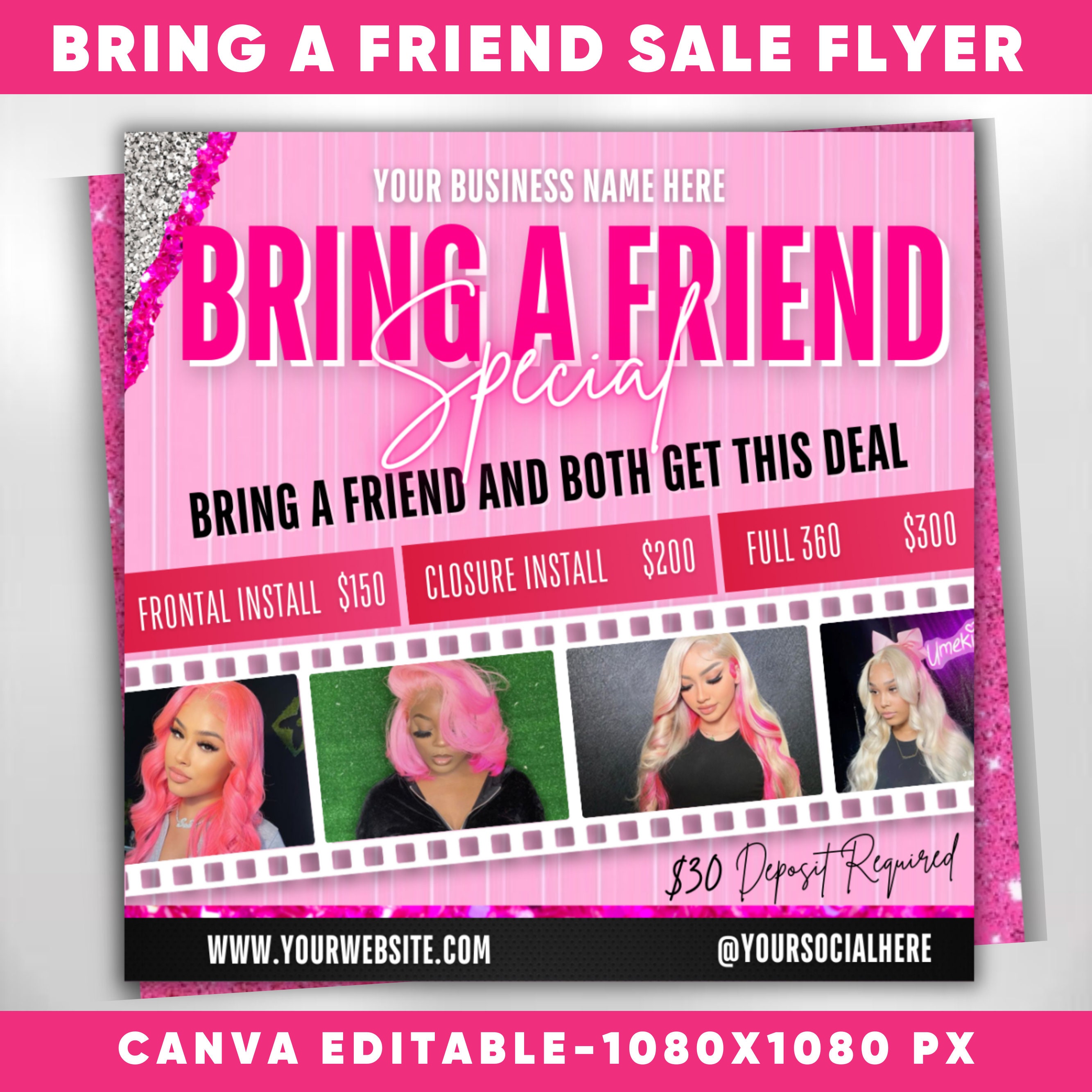 Bring A Friend Booking Flyer, Bring A Friend Special, Bring A Friend Deal, Bestie Deal Flyer, Hair Braids Lashes Wigs Nails Makeup Promotion