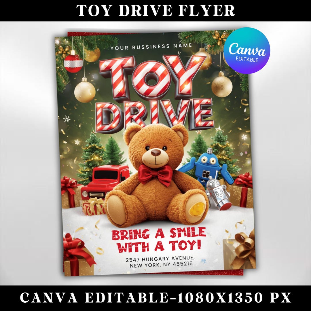 Festive Christmas Toy Drive Flyer Canva Template for Holiday Parties ...