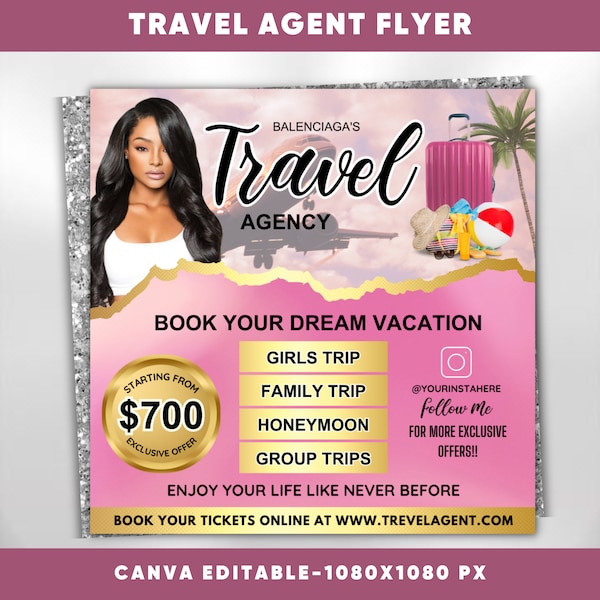 Travel Agent Flyer, DIY E-Flyer Template, Travel Flyer, Vacation Flyer, Travel Agency, Social Media Flyer, Canva Editable, Instant Download