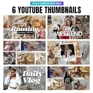 May include: A set of six digital YouTube thumbnail templates featuring lifestyle imagery, including skincare routines, social outings, and daily vlogs. The designs incorporate white text overlays, hand-drawn doodle graphics, and collage-style layouts.