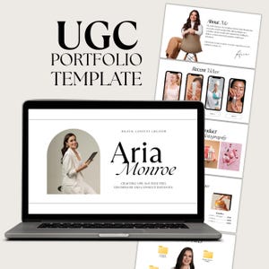 May include: A laptop screen showing a UGC portfolio template. The template features the text "UGC PORTFOLIO TEMPLATE" and the name "Aria Monroe". The design includes sections for "About Me" and "Recent Videos", with examples of product photography.
