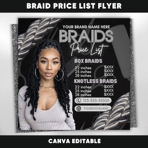 Braids Price List Flyer, Hair Sylist Beauty Salon Price List, Social Media Flyer, Instagram Flyer, Canva Editable Template, Instant Download