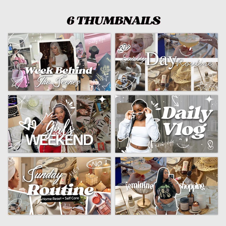 May include: A collage of six thumbnails with text overlays. The thumbnails feature scenes with text like "Week Behind The Scenes", "Girls Weekend", "Early Day Routine", "Daily Vlog", "Sunday Routine", and "Shopping".