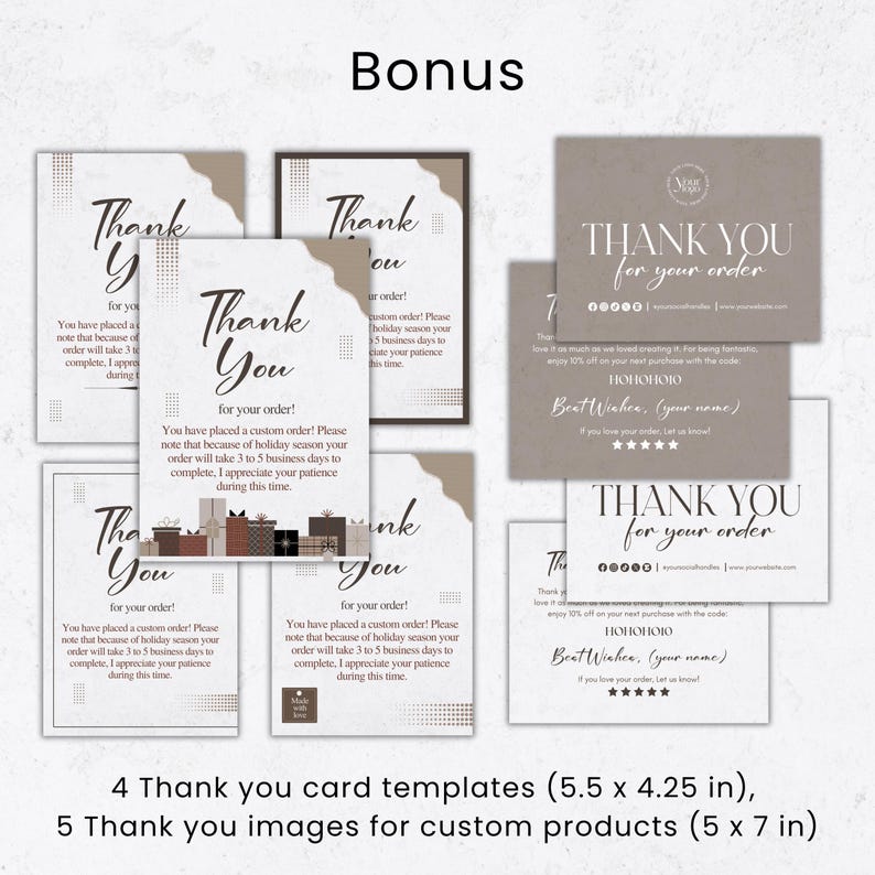 Puede incluir: Una colecci&oacute;n de plantillas e im&aacute;genes de tarjetas de agradecimiento. Las tarjetas presentan un dise&ntilde;o sencillo con las palabras "Thank You" en escritura elegante. La imagen incluye 4 plantillas de tarjetas (14 x 10,8 cm) y 5 im&aacute;genes (12,7 x 17,8 cm).
