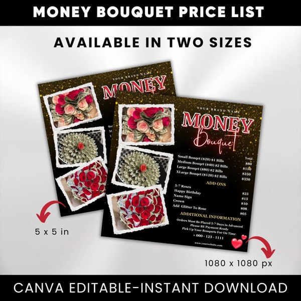Money Bouquet Price List, DIY Flyer Template Design, Business Price List, Editable Price List Canva Template, Instant/Digital Download