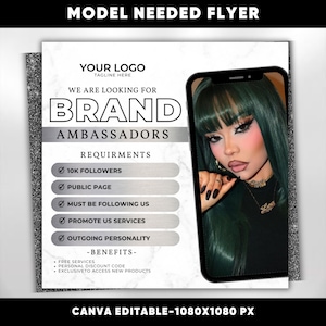 Può includere: Un volantino con uno sfondo in marmo bianco e nero, un telefono bianco e nero con una persona con i capelli verdi al suo interno, e il testo "MODEL NEEDED FLYER" in nero nella parte superiore. Il testo "YOUR LOGO" è in nero con il testo "TAGLINE HERE" in grigio sotto. Il testo "WE ARE LOOKING FOR BRAND AMBASSADORS" è in nero. Il testo "REQUIREMENTS" è in nero. I testi "10K FOLLOWERS", "PUBLIC PAGE", "MUST BE FOLLOWING US", "PROMOTE US SERVICES", e "OUTGOING PERSONALITY" sono in bianco su uno sfondo grigio. Il testo "BENEFITS" è in nero. I testi "FREE SERVICES", "PERSONAL DISCOUNT CODE", e "EXCLUSIVE ACCESS TO NEW PRODUCTS" sono in nero. Il testo "CANVA EDITABLE-1080X1080 PX" è in nero nella parte inferiore.